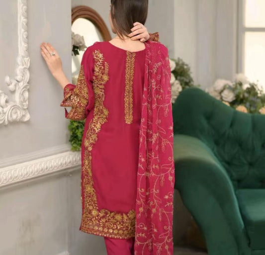 Luxury Chiffon 3 pcs Suit with Heavy Embroidery – Front & Back Work