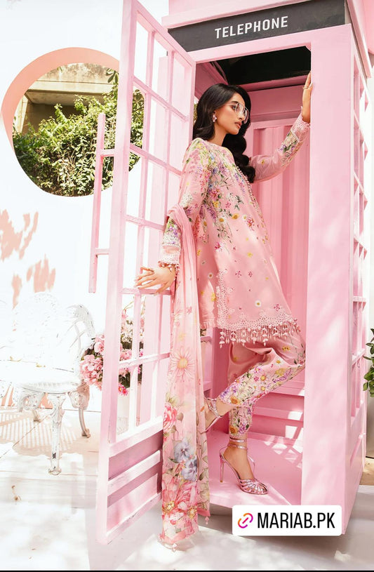 Maria B Inspired 3-Piece Suit with Chiffon Dupatta | Elegant Pakistani Wear Pink (Sizes S–2XL)