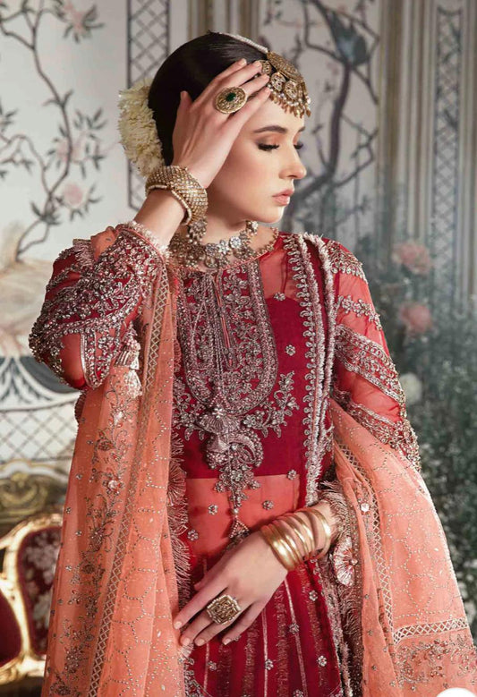 Maria B Inspired by Simran’s – Heavy Embroidered 3-Piece Wedding Collection with Sharara in Red (Sizes S–XL)