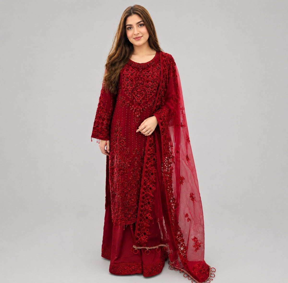 SANNA | 3 pieces heavy embroidered Net wedding sharara suit