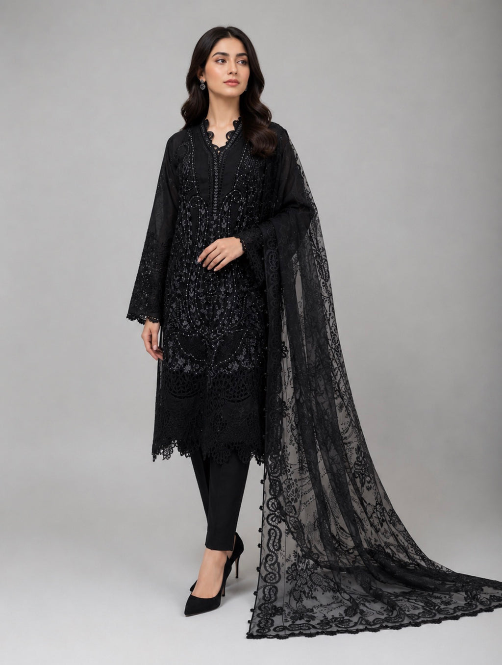 D7 VELVET-Elegant Black Embroidered Pakistani 3-Piece Suit