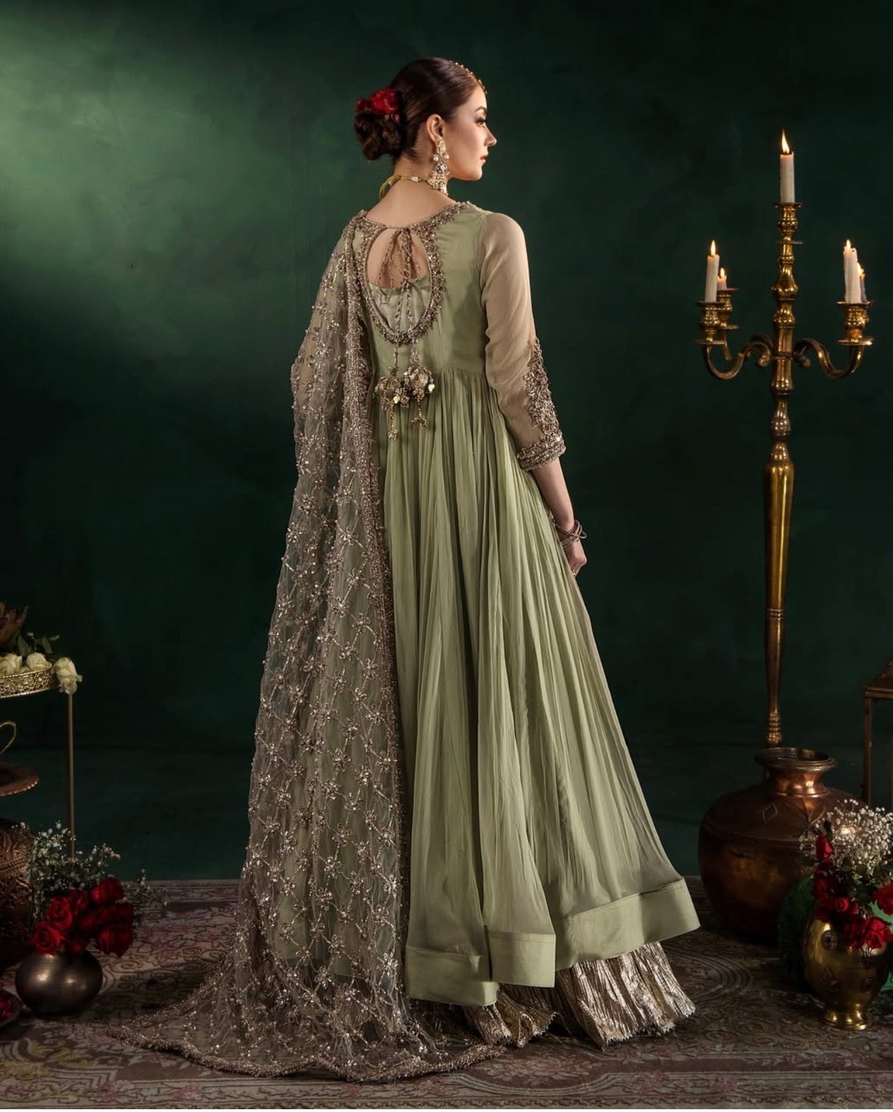 DILRUBA | 3 piece Embroidered chiffon Bridal Anarkali Readymade suit- Sage green