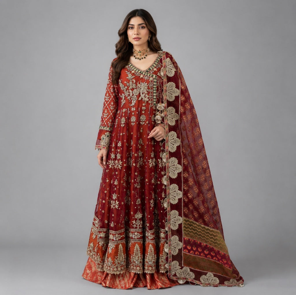 Rust Royale | 3 piece heavy Embroidered Anarkali Suit with banarsi Organza Dupatta