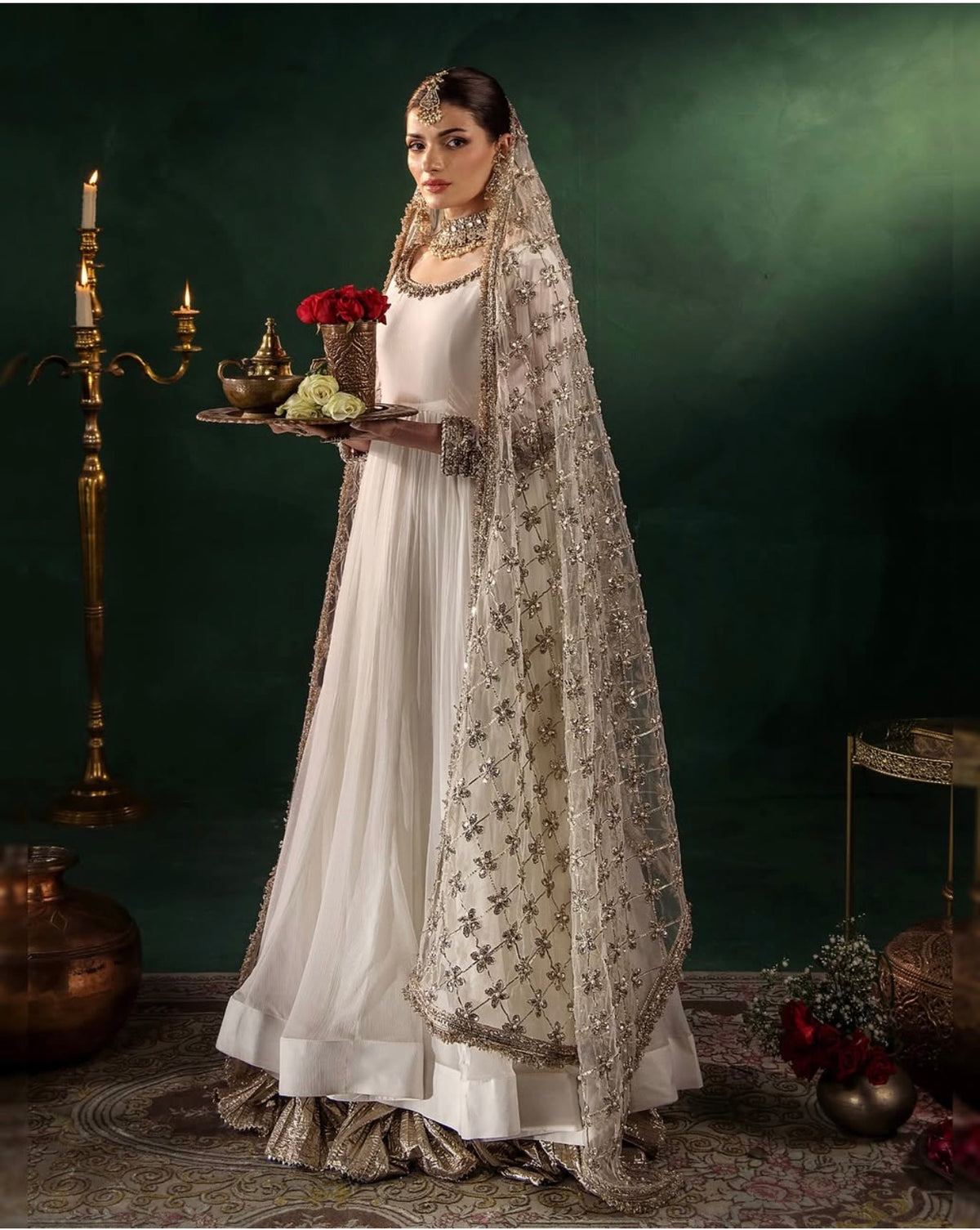 DILRUBA | 3 piece embroidered chiffon wedding wear Anarkali Readymade suit - white