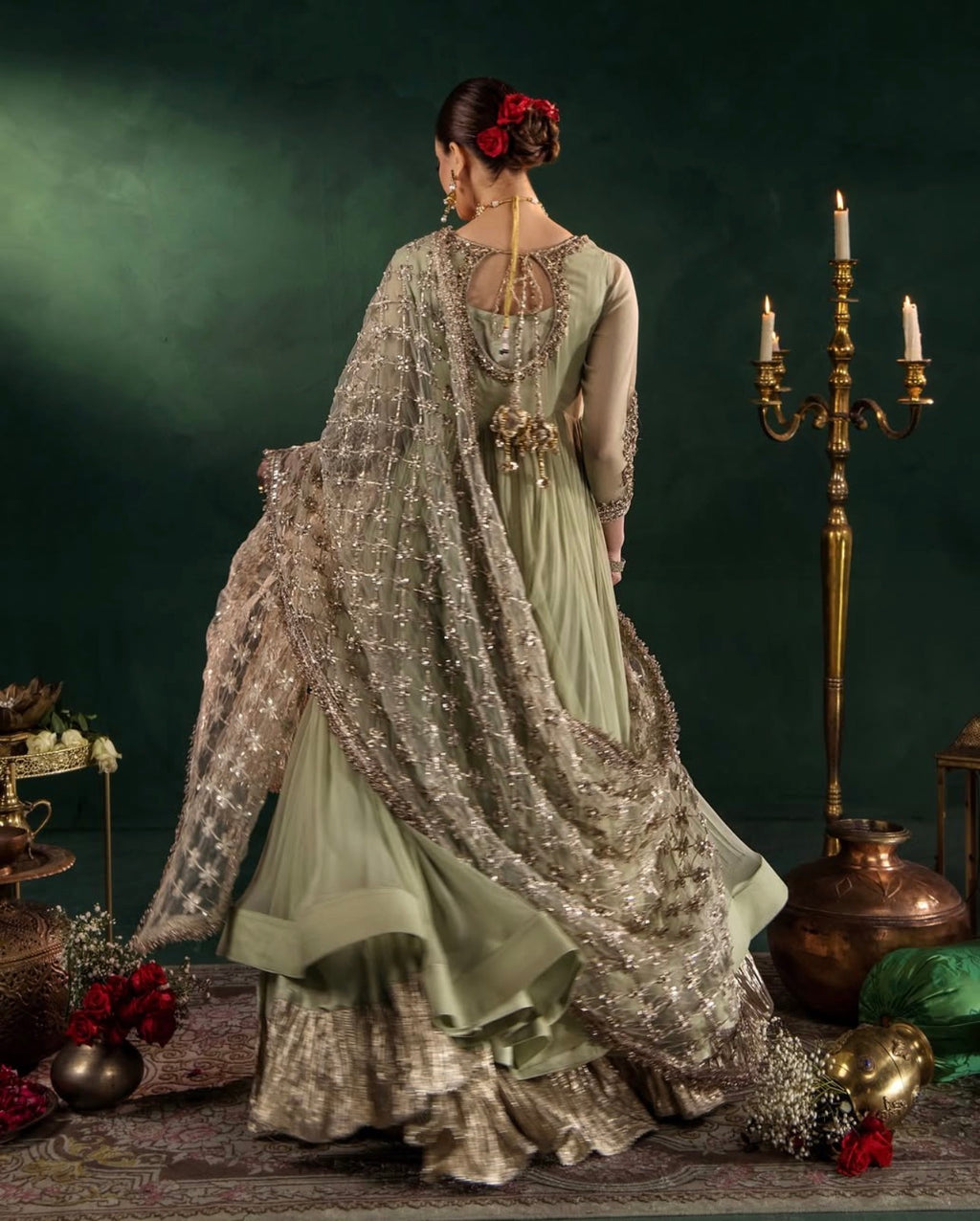 DILRUBA | 3 piece Embroidered chiffon Bridal Anarkali Readymade suit- Sage green