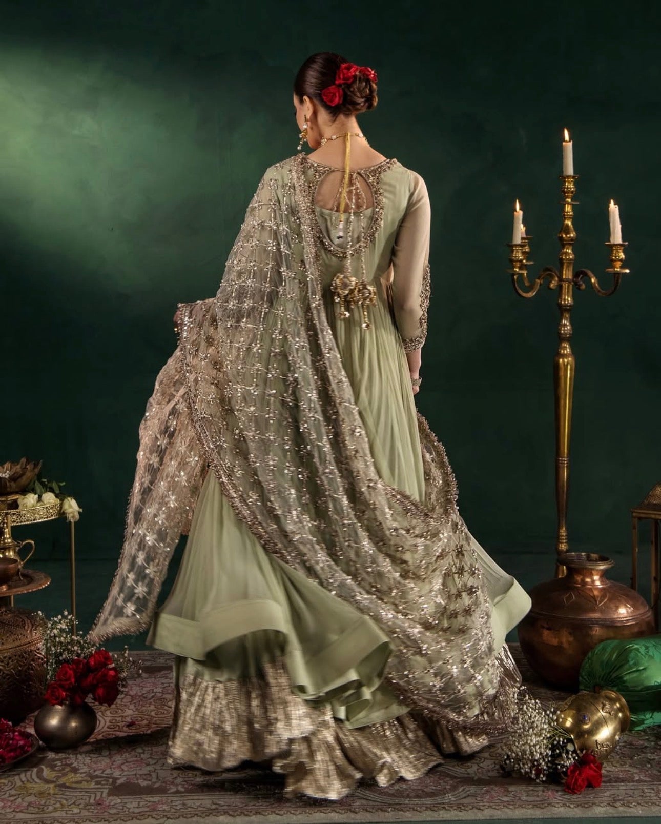 DILRUBA | 3 piece Embroidered chiffon Bridal Anarkali Readymade suit- Sage green