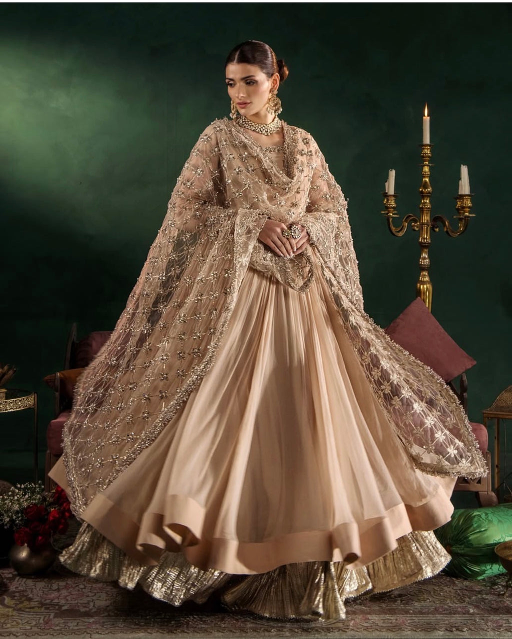 DILRUBA | 3 piece embroidered chiffon Bridal Anarkali Readymade suit - Champagne Beige