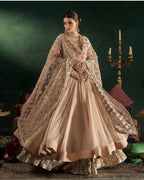 DILRUBA | 3 piece embroidered chiffon Bridal Anarkali Readymade suit - Champagne Beige