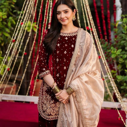 Haseens ( ORIGINAL )…3 piece heavy embroidered VELVET sharara suit..best for wedding and parties