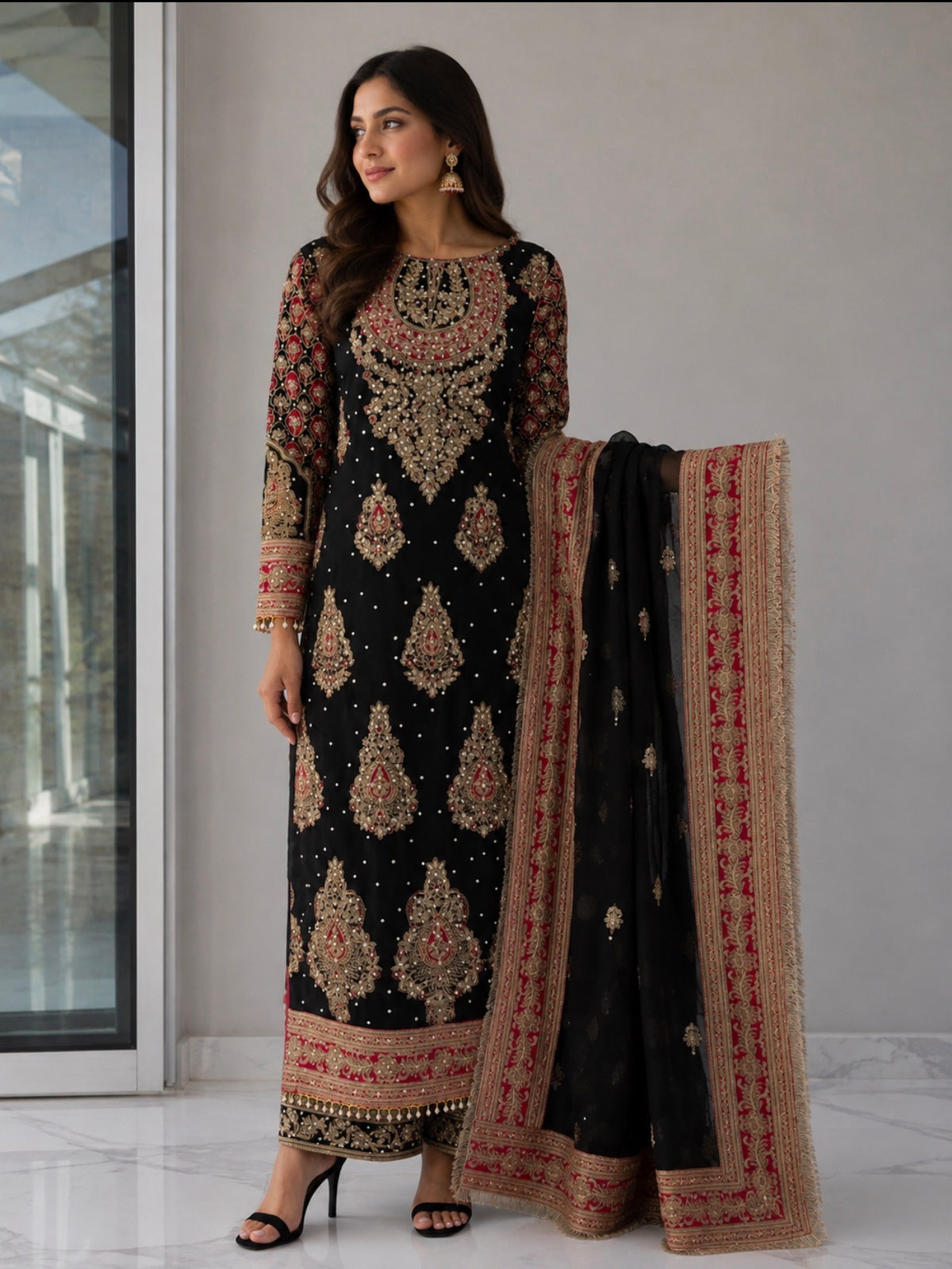 MAAHI | 3 piece heavy Embroidered Silk wedding wear suit- BLACK