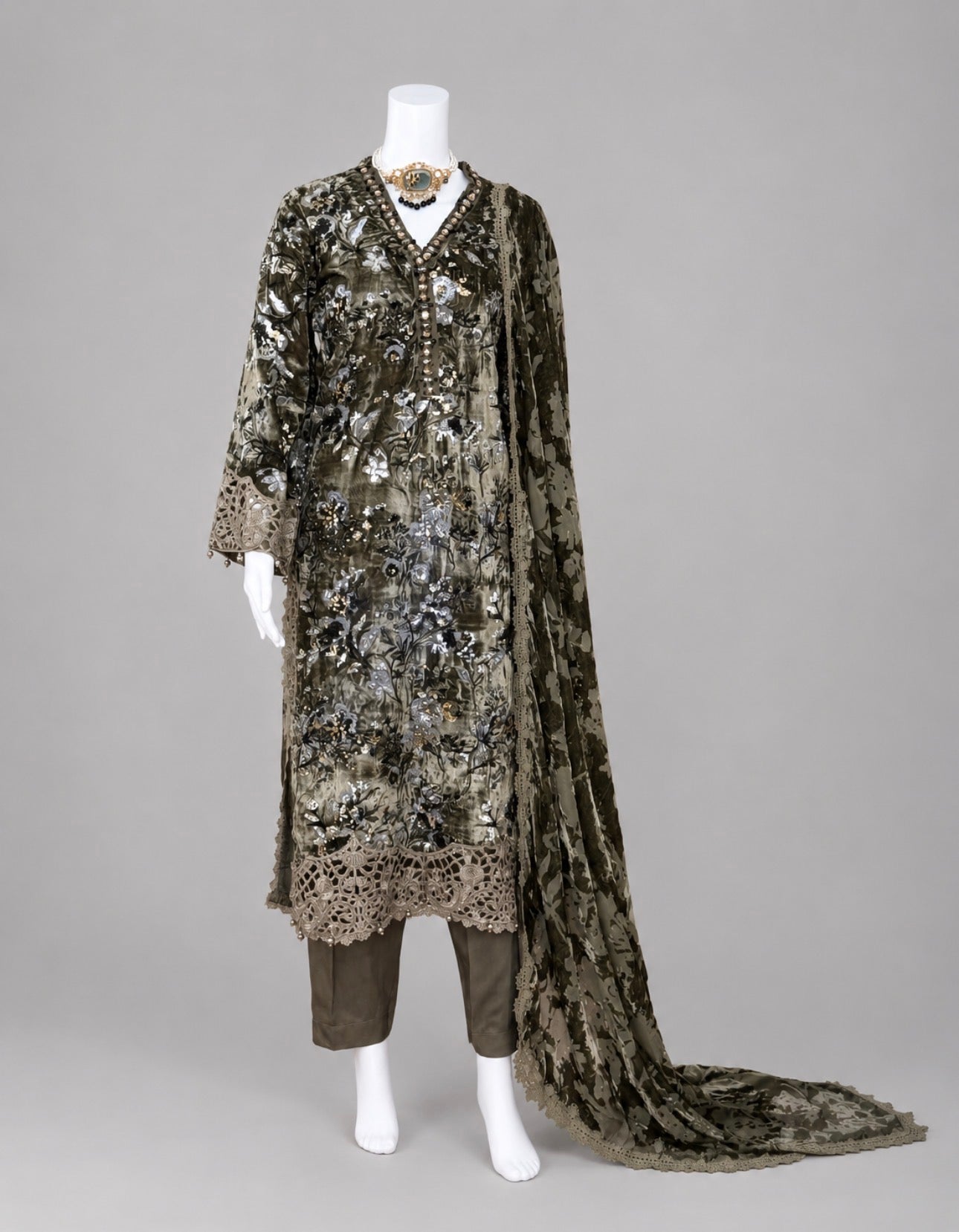 D3 VELVET-Olive Grey Embroidered 3-Piece Suit with Luxury Dupatta