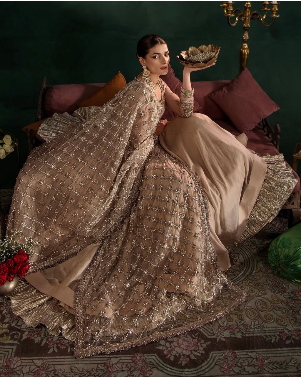 DILRUBA | 3 piece embroidered chiffon Bridal Anarkali Readymade suit - Champagne Beige
