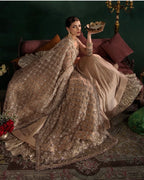 DILRUBA | 3 piece embroidered chiffon Bridal Anarkali Readymade suit - Champagne Beige