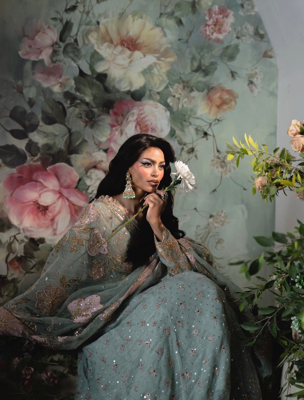 FALAAK | 3 piece Pakistani Chiffon Stitched Maxi Dress Heavy Embroidered Wedding & Formal Wear