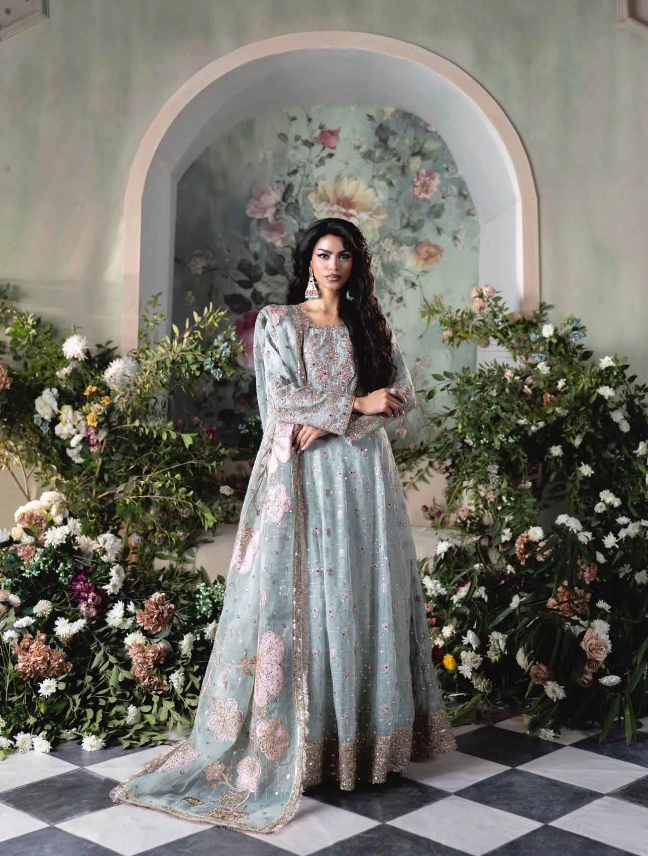 FALAAK | 3 piece Pakistani Chiffon Stitched Maxi Dress Heavy Embroidered Wedding & Formal Wear
