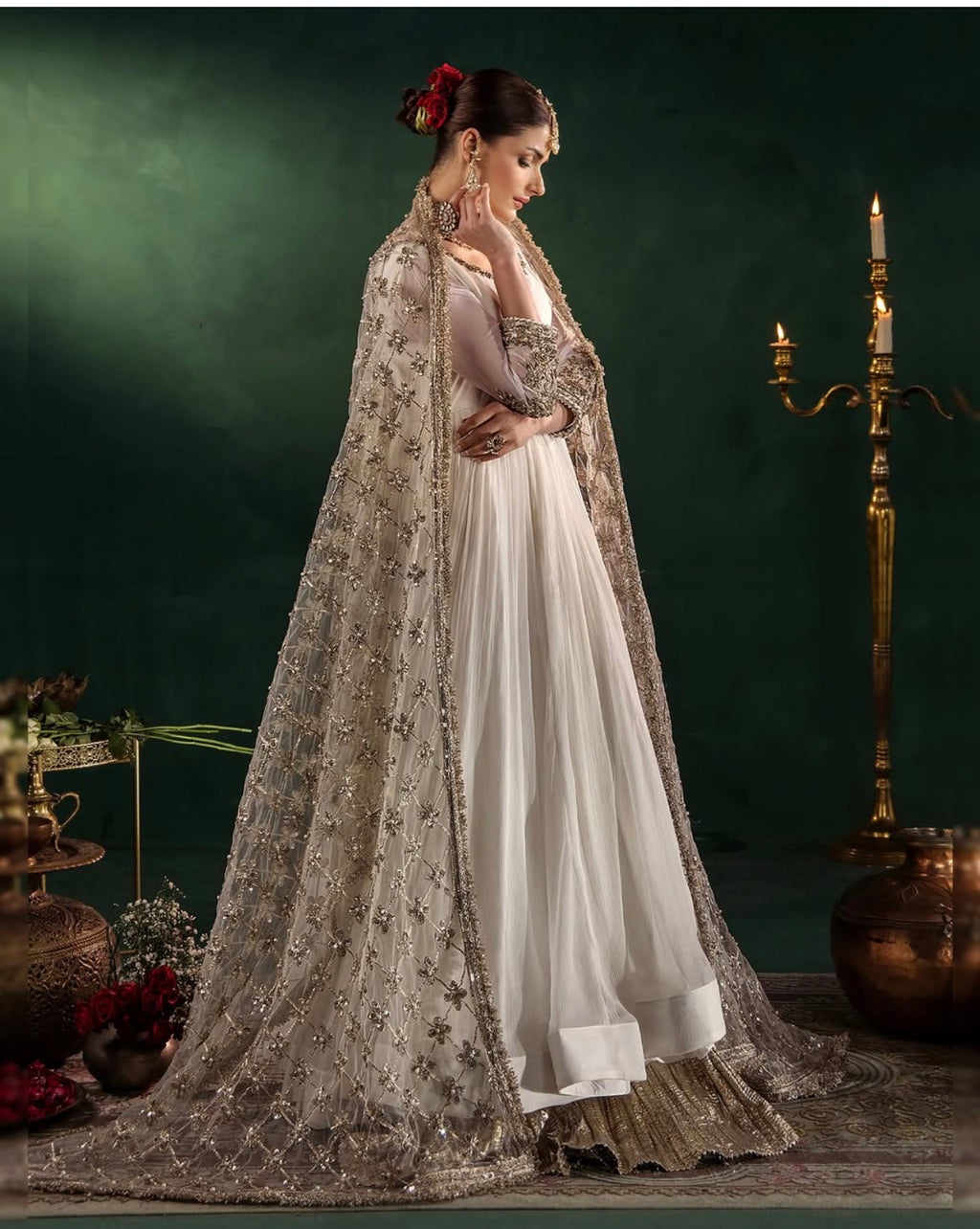 DILRUBA | 3 piece embroidered chiffon wedding wear Anarkali Readymade suit - white