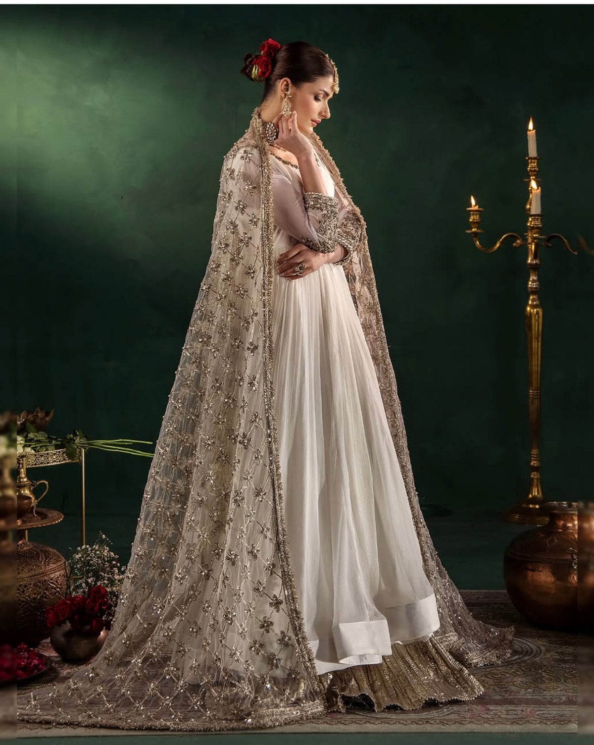 DILRUBA | 3 piece embroidered chiffon wedding wear Anarkali Readymade suit - white