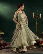 DILRUBA | 3 piece Embroidered chiffon Bridal Anarkali Readymade suit- Sage green