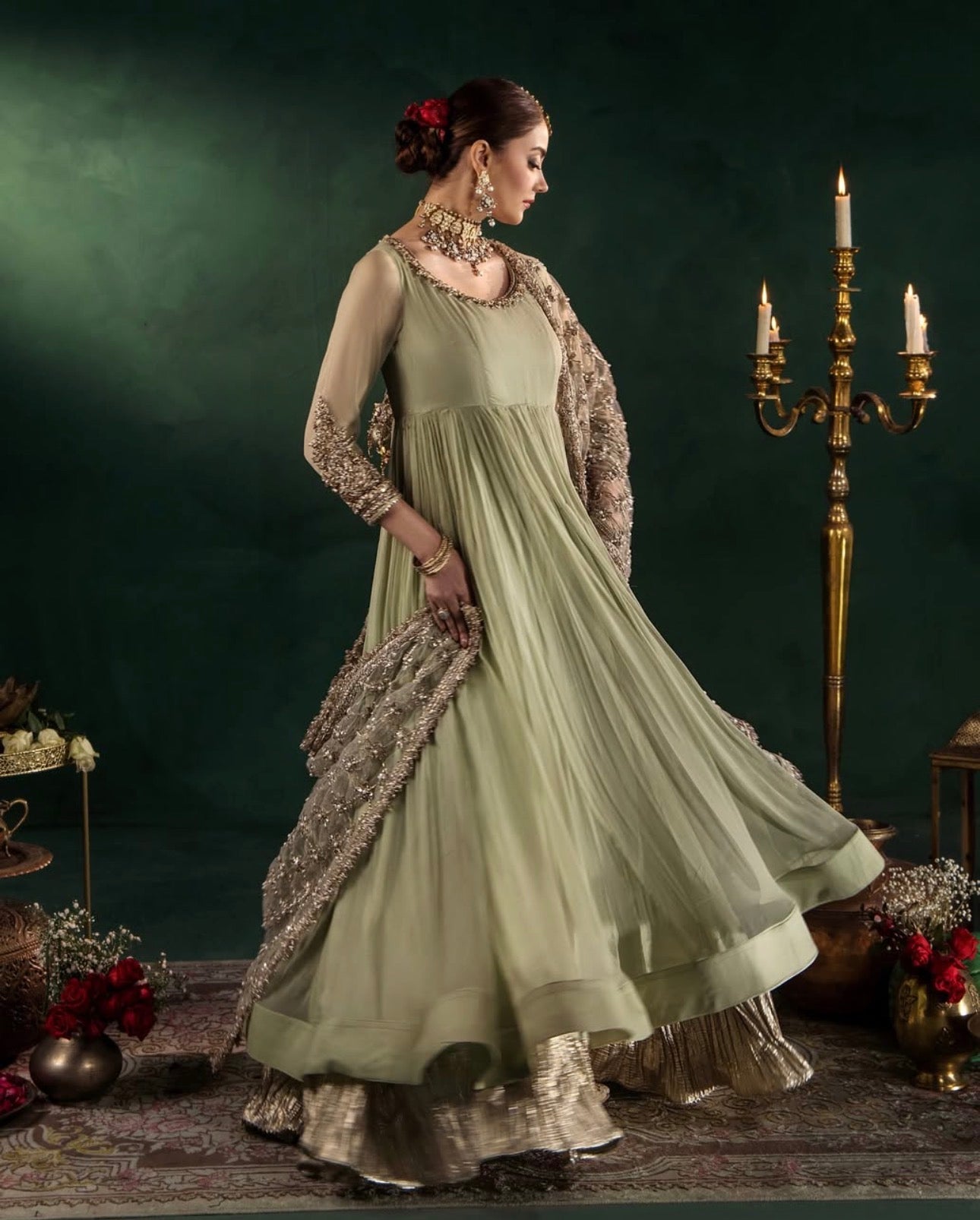 DILRUBA | 3 piece Embroidered chiffon Bridal Anarkali Readymade suit- Sage green