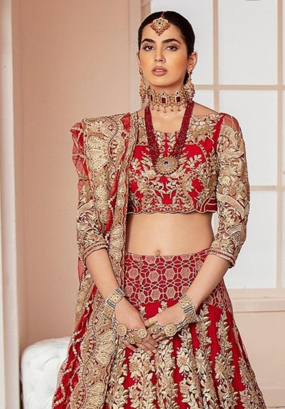 Imrozia Premium Embroidery – (Original)3-Piece Lengha Choli Suit ( Same as Model) Bridal Collection | Red | Sizes S-M-L