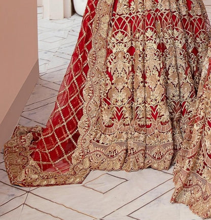 Imrozia Premium Embroidery – (Original)3-Piece Lengha Choli Suit ( Same as Model) Bridal Collection | Red | Sizes S-M-L