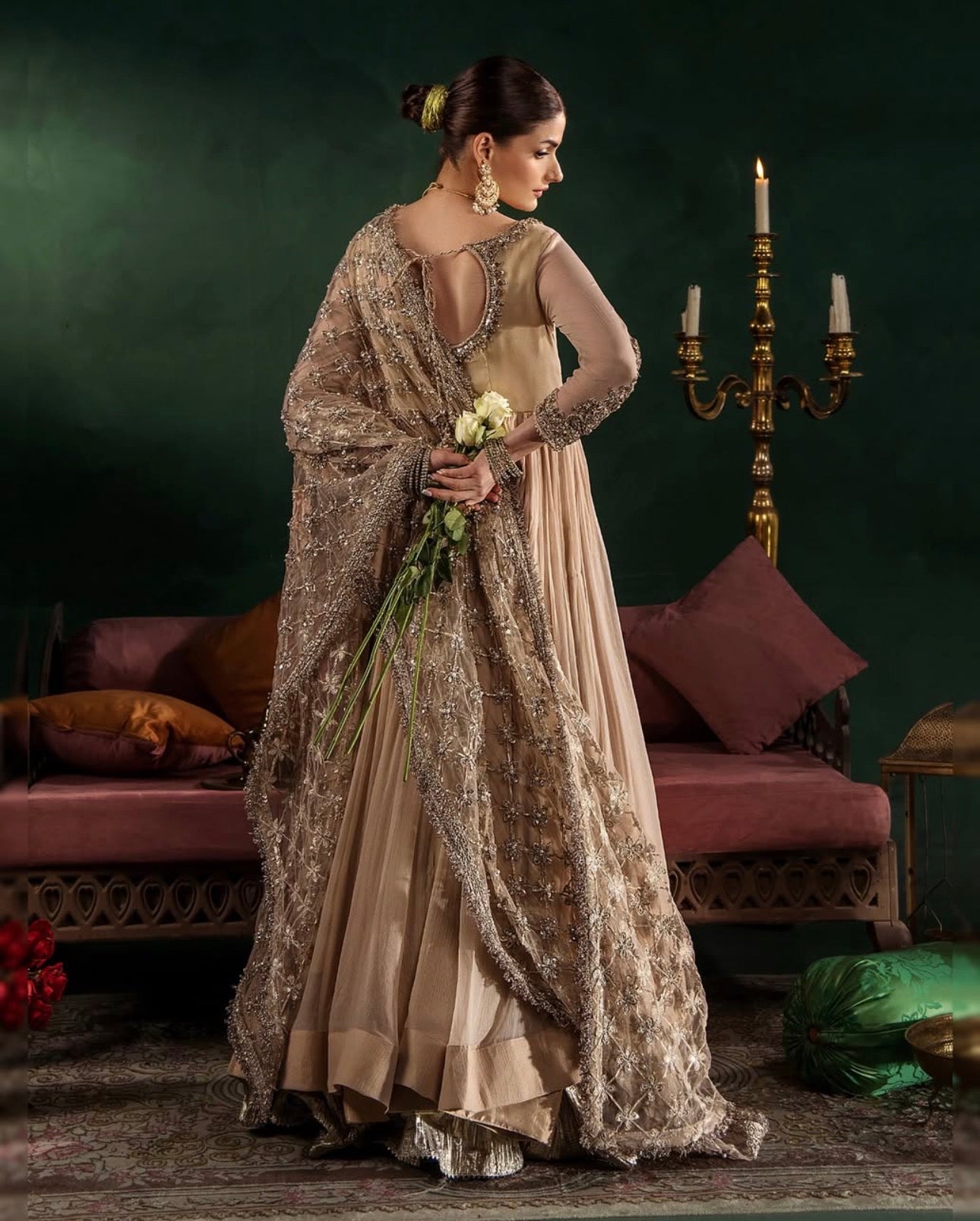 DILRUBA | 3 piece embroidered chiffon Bridal Anarkali Readymade suit - Champagne Beige