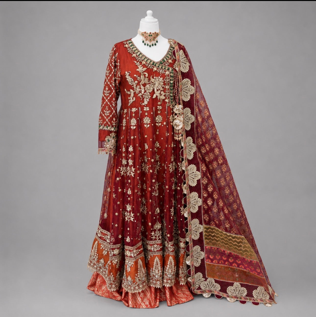 Rust Royale | 3 piece heavy Embroidered Anarkali Suit with banarsi Organza Dupatta