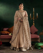 DILRUBA | 3 piece embroidered chiffon Bridal Anarkali Readymade suit - Champagne Beige