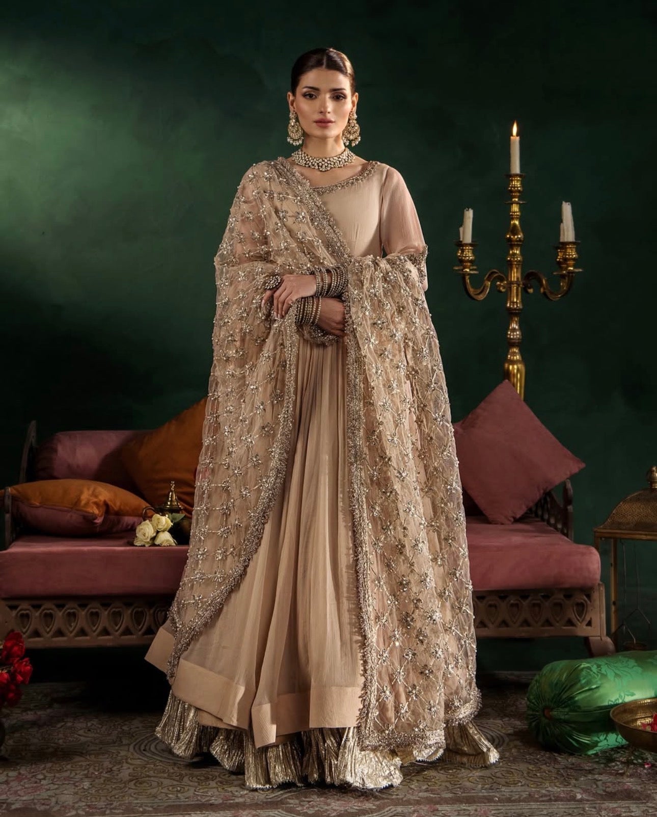 DILRUBA | 3 piece embroidered chiffon Bridal Anarkali Readymade suit - Champagne Beige