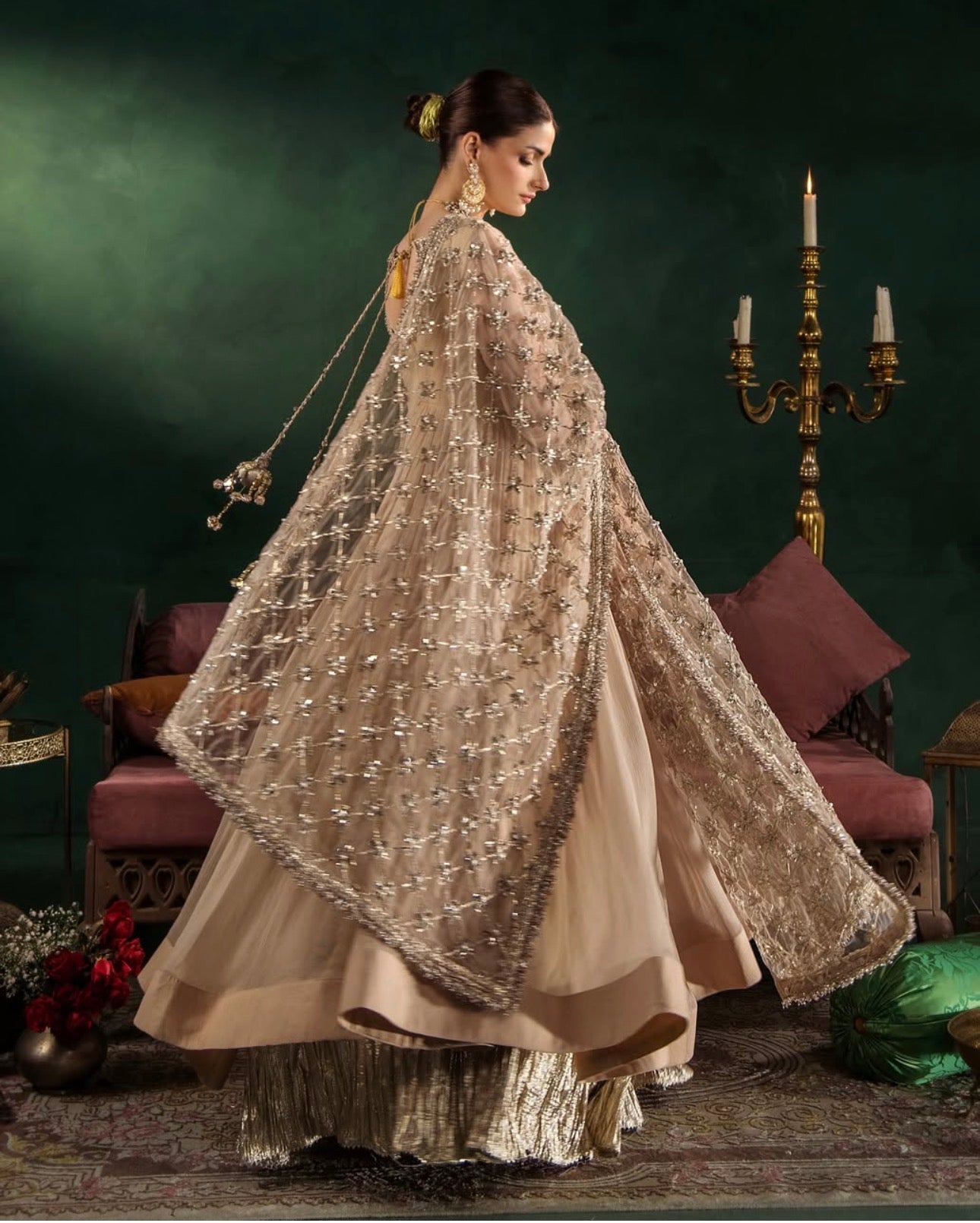 DILRUBA | 3 piece embroidered chiffon Bridal Anarkali Readymade suit - Champagne Beige