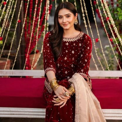 Haseens ( ORIGINAL )…3 piece heavy embroidered VELVET sharara suit..best for wedding and parties