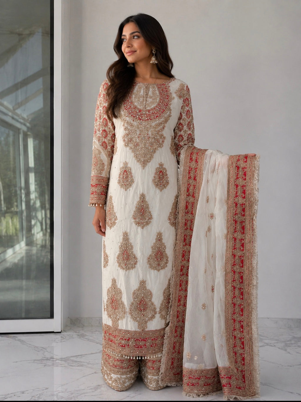 MAAHI | 3 piece Heavy Embroidered silk Readymade wedding wear suit- IVORY