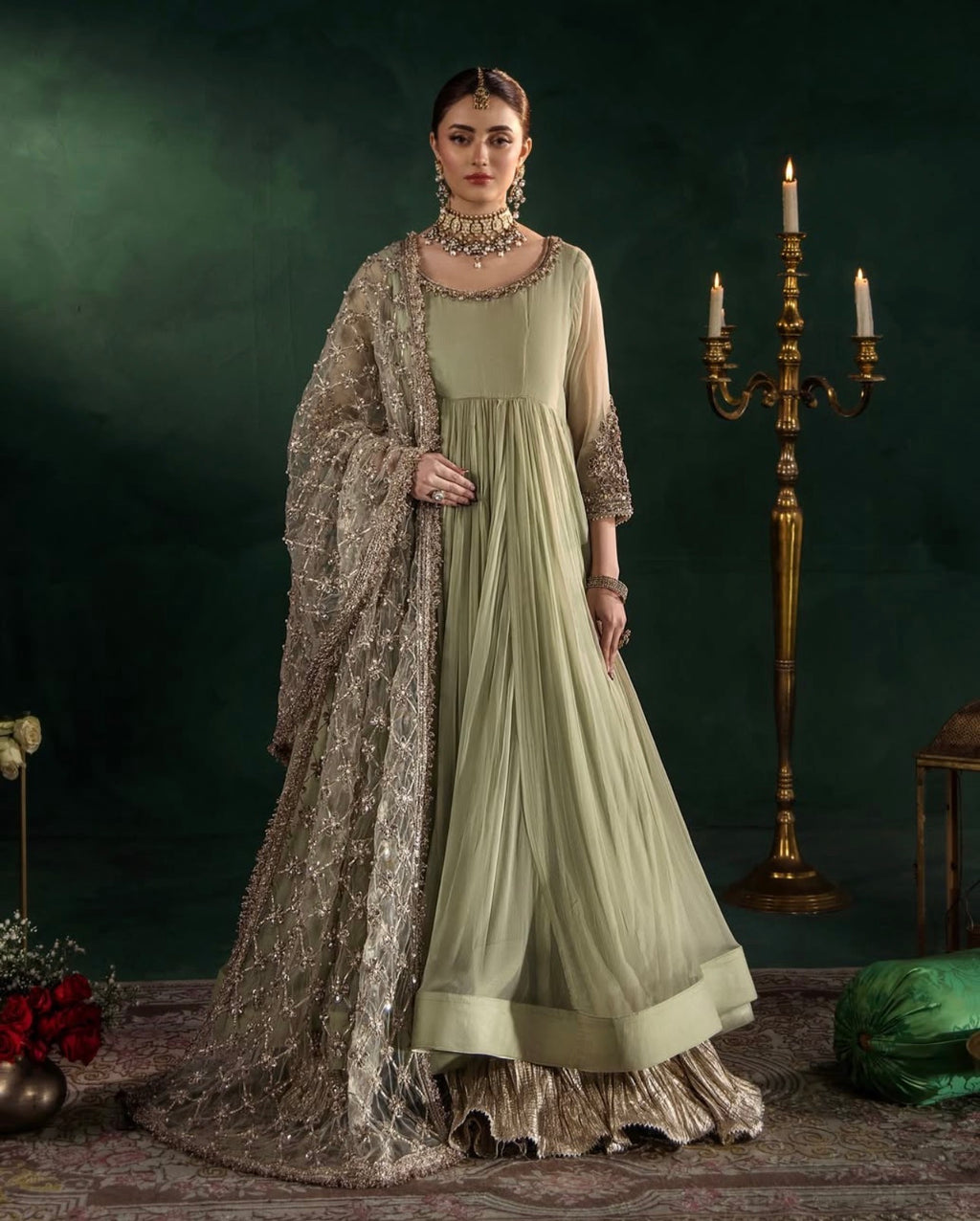 DILRUBA | 3 piece Embroidered chiffon Bridal Anarkali Readymade suit- Sage green