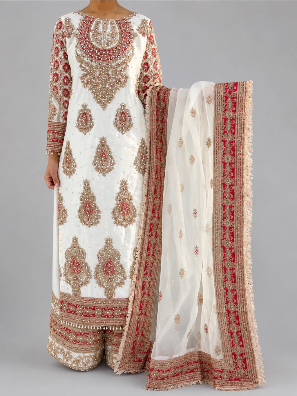 MAAHI | 3 piece Heavy Embroidered silk Readymade wedding wear suit- IVORY