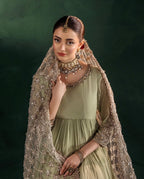 DILRUBA | 3 piece Embroidered chiffon Bridal Anarkali Readymade suit- Sage green
