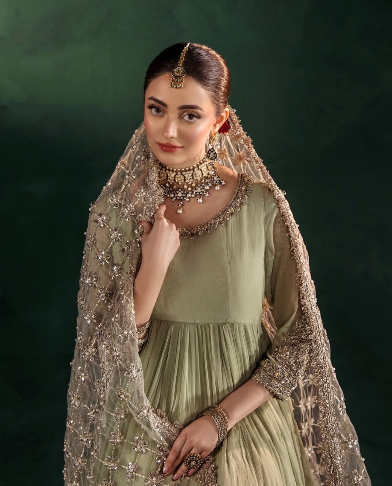 DILRUBA | 3 piece Embroidered chiffon Bridal Anarkali Readymade suit- Sage green