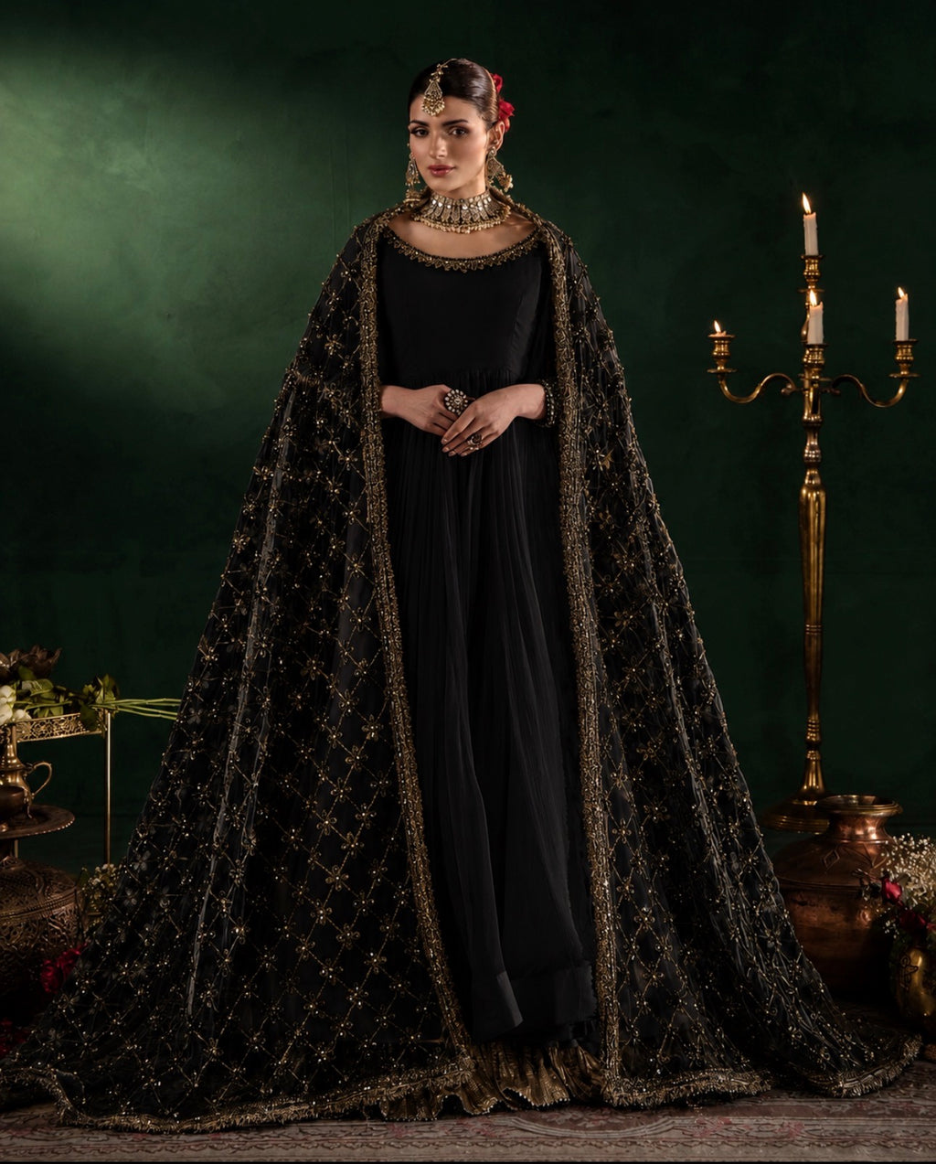 DILRUBA | 3 piece embroidered chiffon Anarkali wedding Readymade suit - BLACK