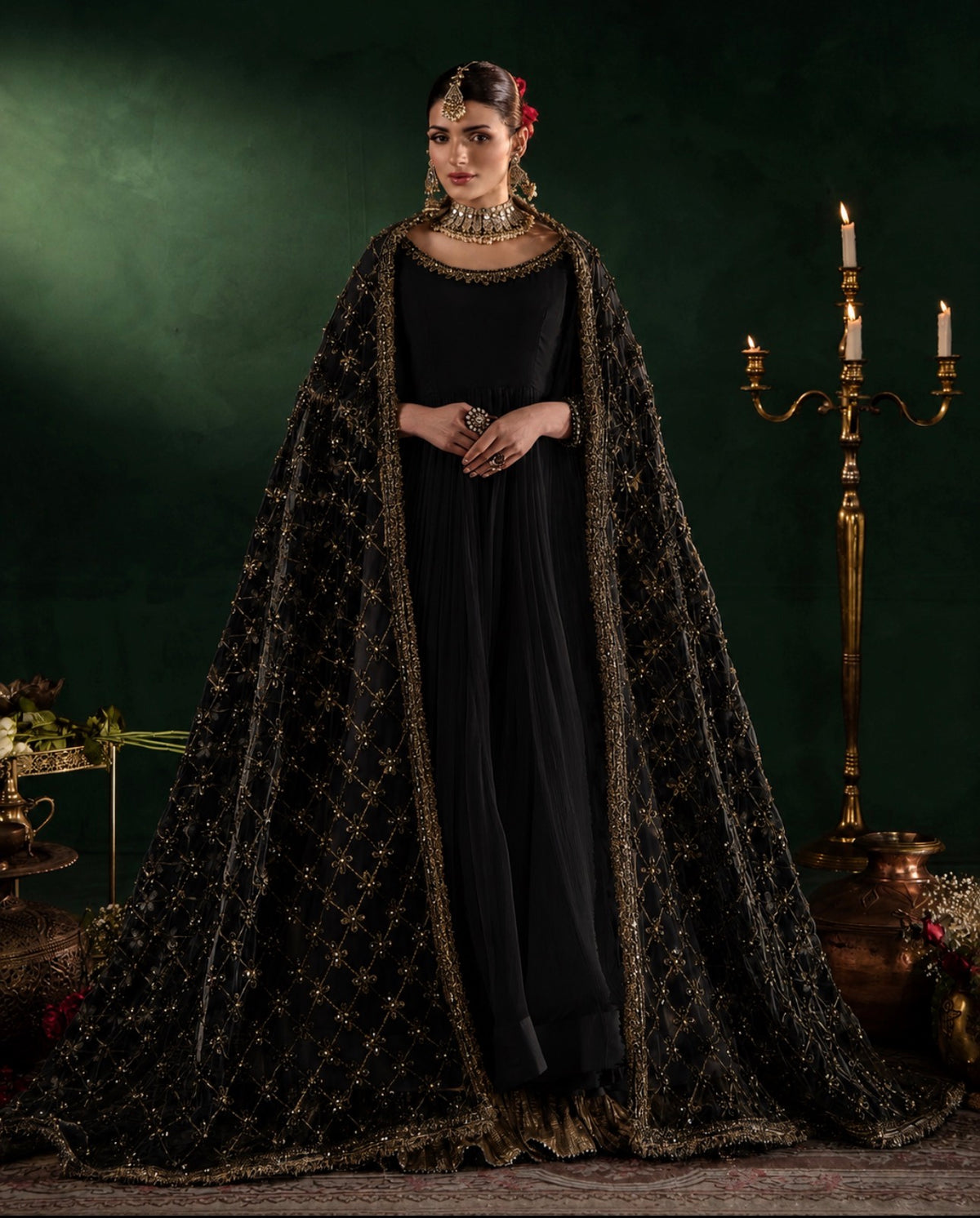 DILRUBA | 3 piece embroidered chiffon Anarkali wedding Readymade suit - BLACK