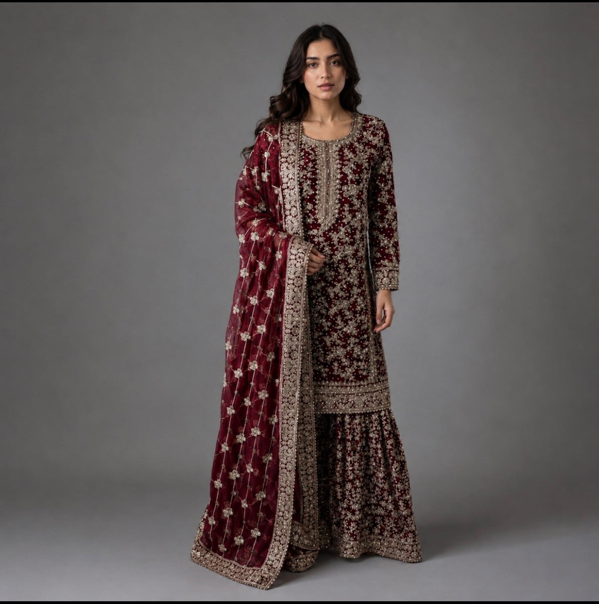 ZAAHIA | 3 piece Heavy Embroidered chiffon Sharara wedding wear Suit
