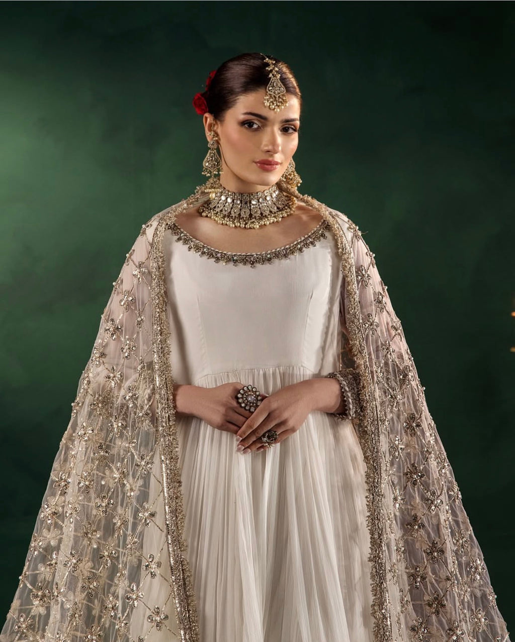 DILRUBA | 3 piece embroidered chiffon wedding wear Anarkali Readymade suit - white