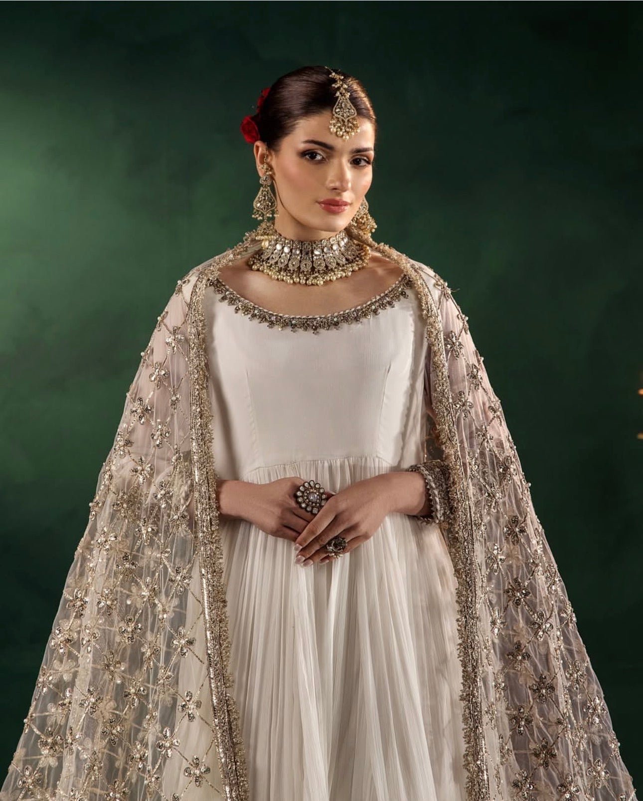 DILRUBA | 3 piece embroidered chiffon wedding wear Anarkali Readymade suit - white
