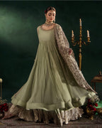 DILRUBA | 3 piece Embroidered chiffon Bridal Anarkali Readymade suit- Sage green