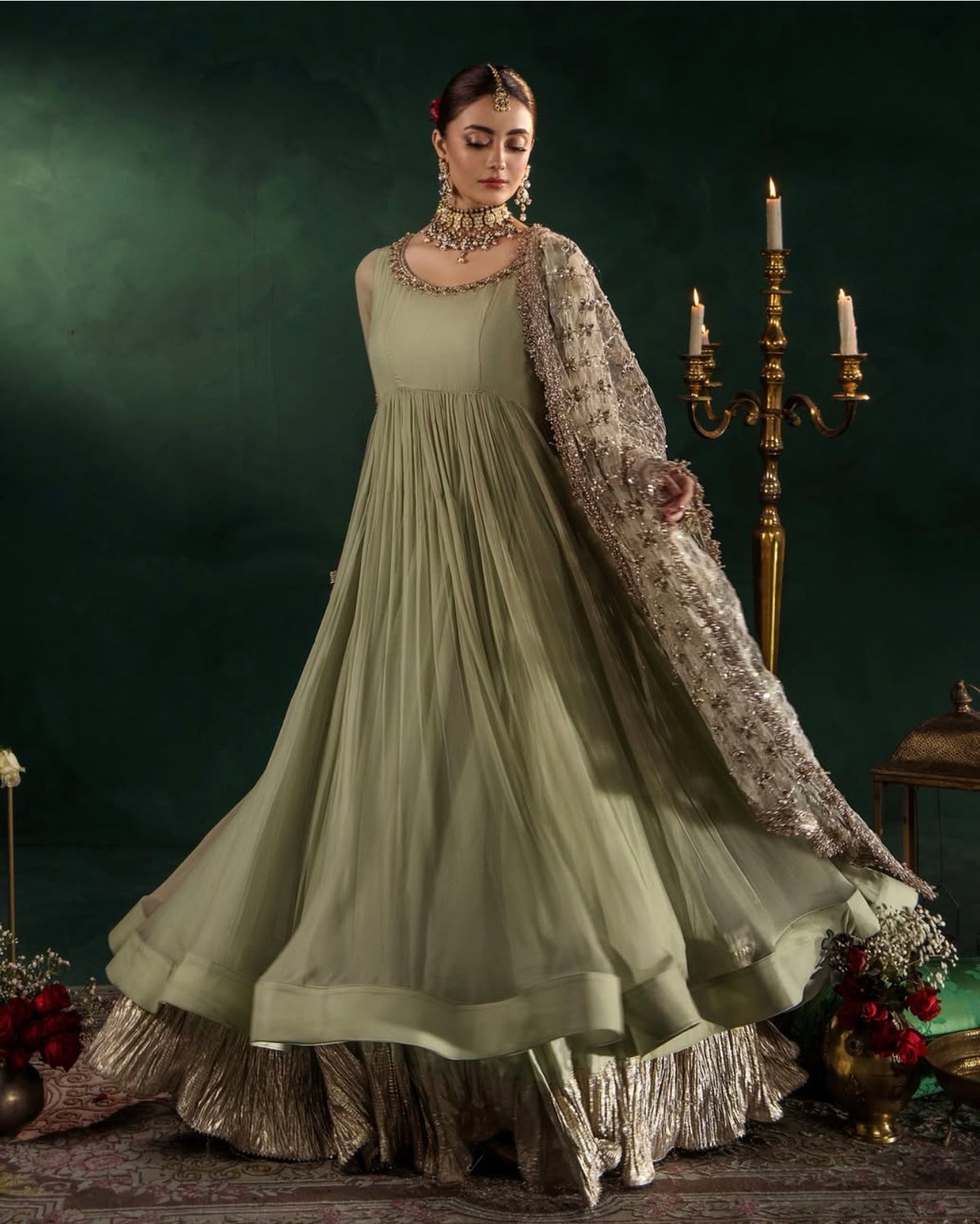 DILRUBA | 3 piece Embroidered chiffon Bridal Anarkali Readymade suit- Sage green