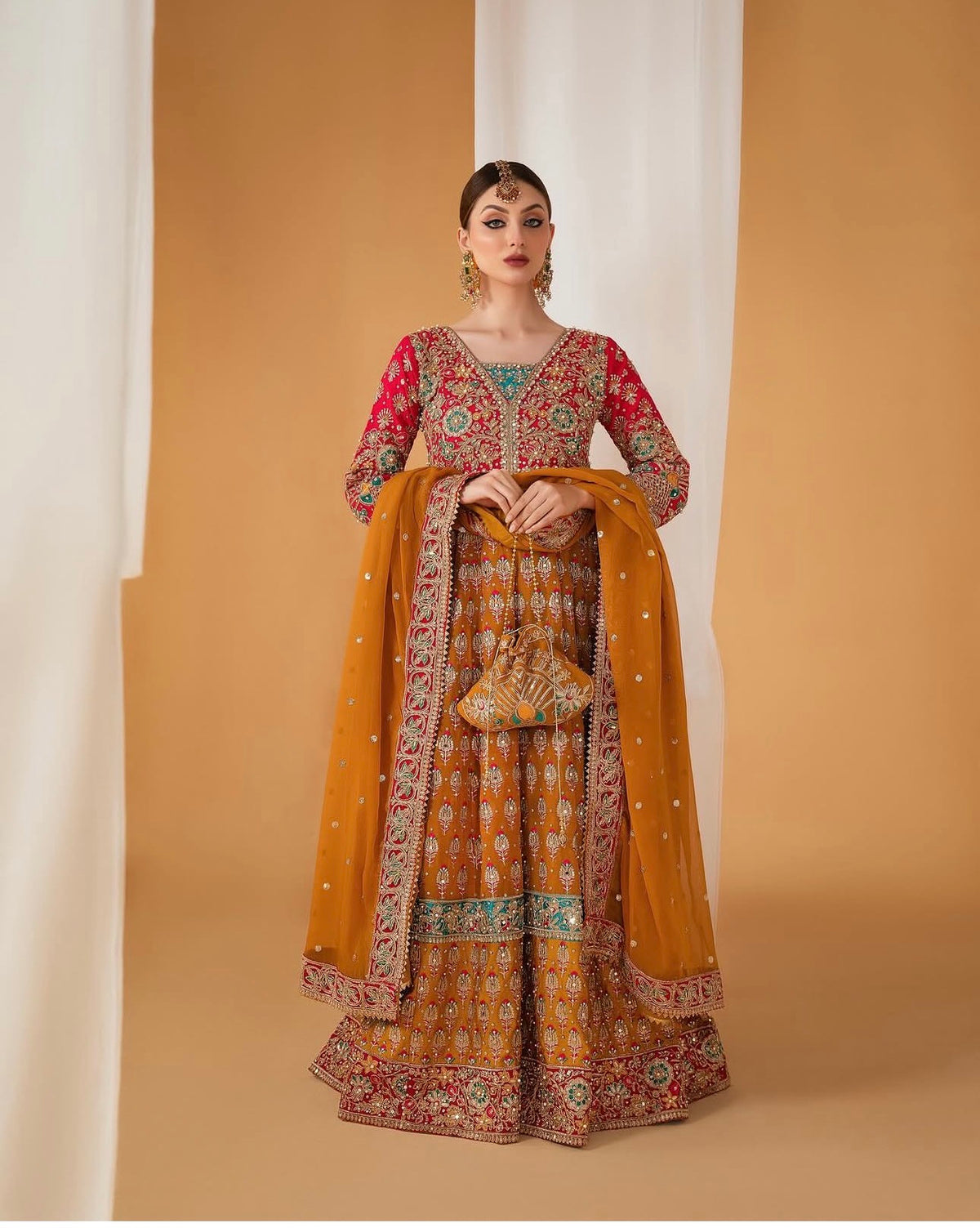 SATRANGI | 4 piece heavy Embroidered Chiffon Bridal Mayon Maxi suit