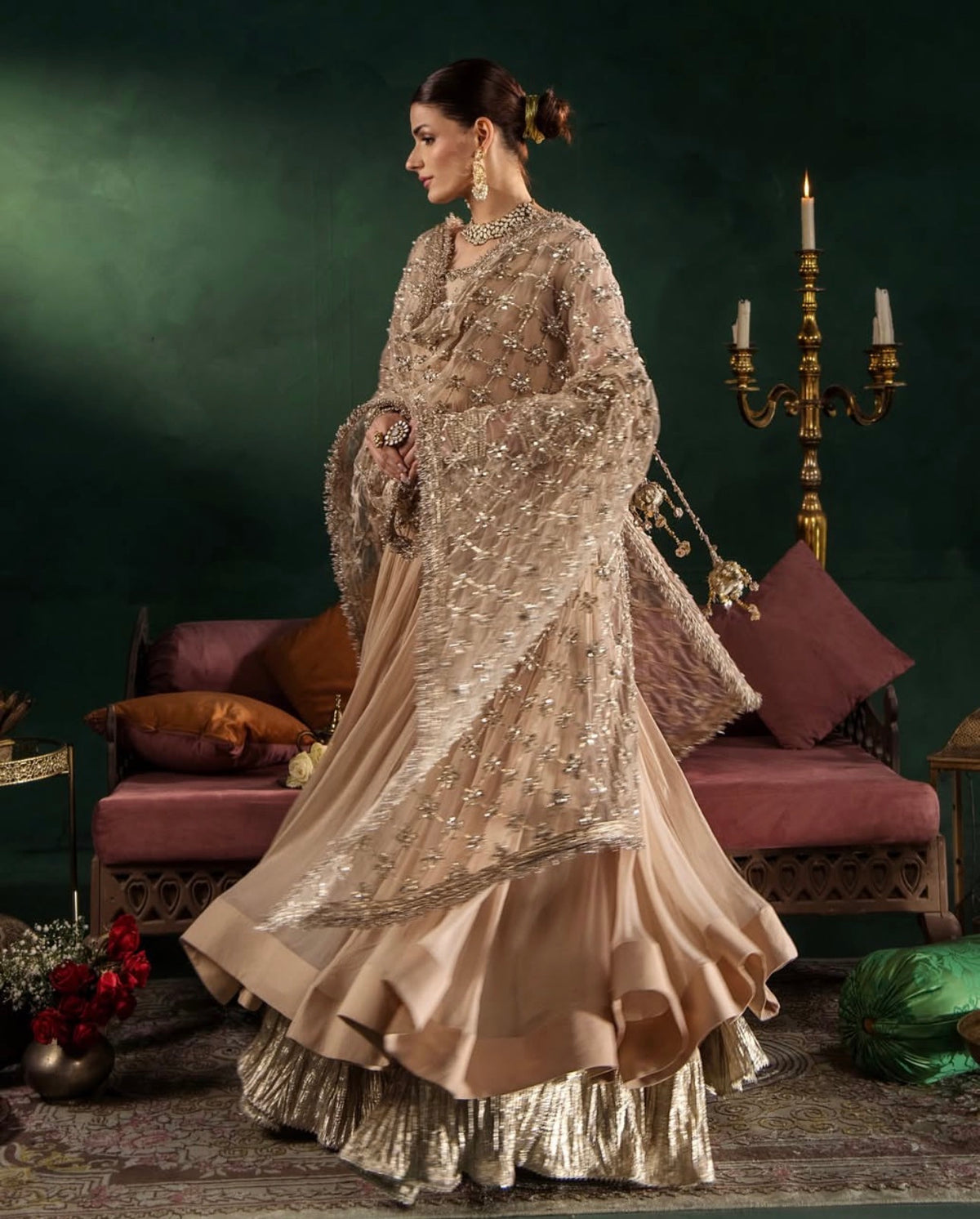 DILRUBA | 3 piece embroidered chiffon Bridal Anarkali Readymade suit - Champagne Beige