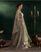 DILRUBA | 3 piece Embroidered chiffon Bridal Anarkali Readymade suit- Sage green