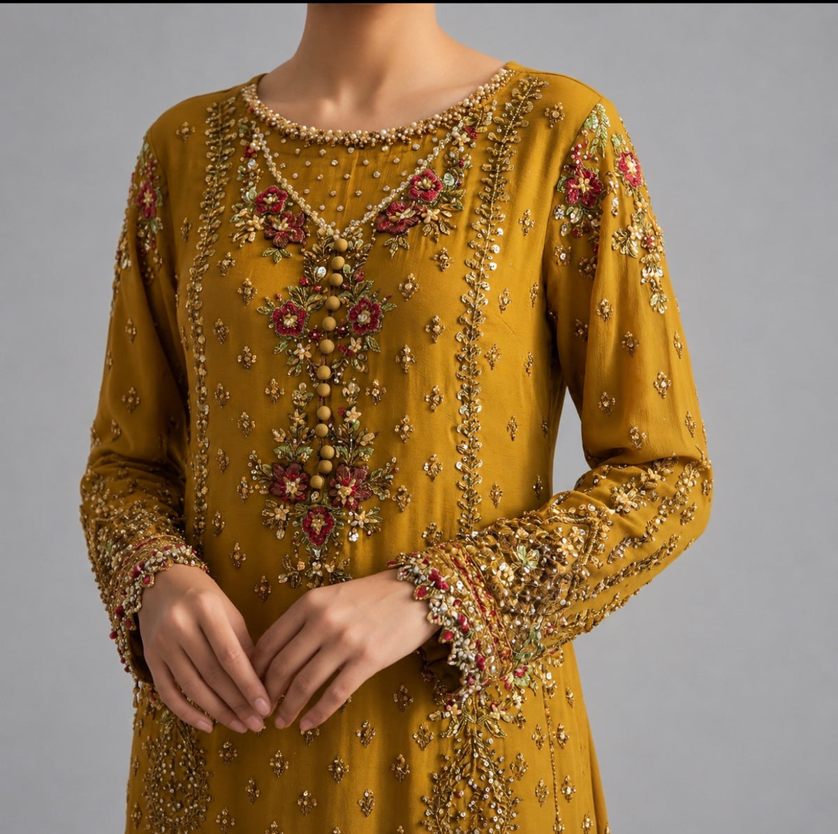 Mustard Gold- 3 piece Embroidered Luxury chiffon wedding/party