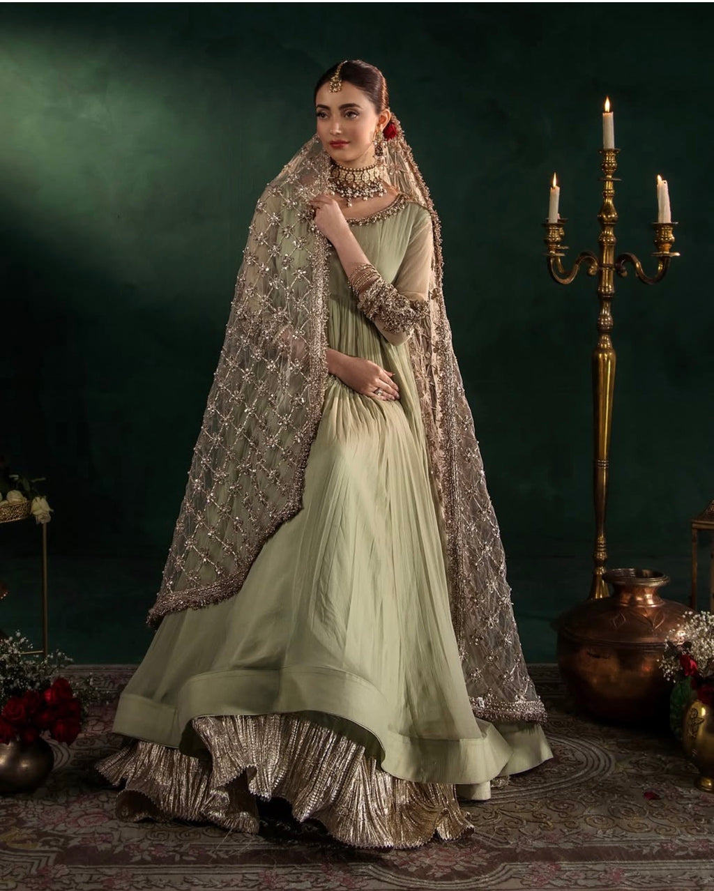 DILRUBA | 3 piece Embroidered chiffon Bridal Anarkali Readymade suit- Sage green