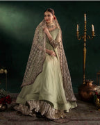 DILRUBA | 3 piece Embroidered chiffon Bridal Anarkali Readymade suit- Sage green