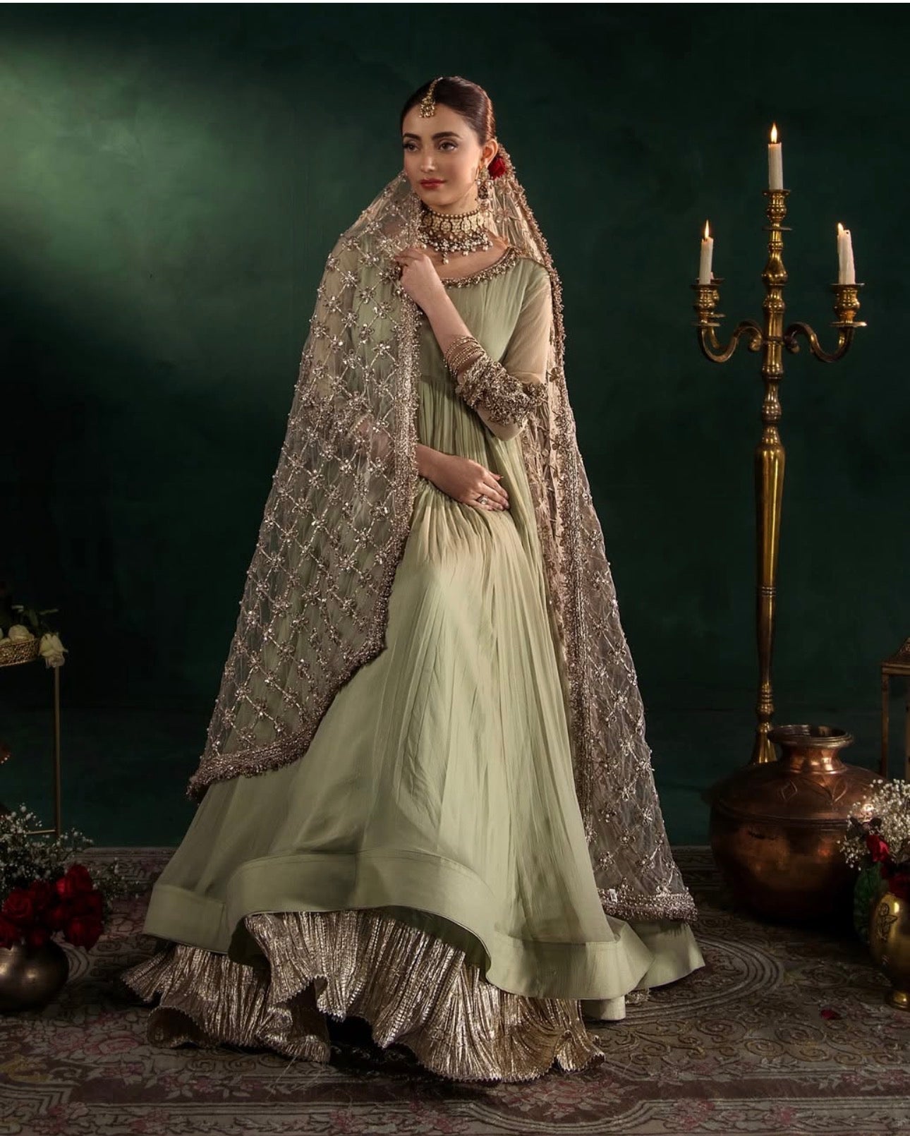 DILRUBA | 3 piece Embroidered chiffon Bridal Anarkali Readymade suit- Sage green